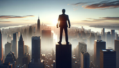 Un líder ante la metrópoli: hombre de negocios ideal contemplando el horizonte urbano al amanecer, simbolizando visión, éxito, grandes metas y aspiraciones profesionales. - obrazy, fototapety, plakaty