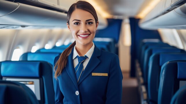 Smiling female flight attendant in uniform in aircraft cabin, Air hostess friendly airline employee, pleasant service for airline passengers, Cabin Crew