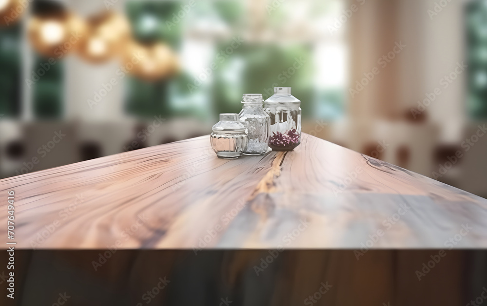 Poster Empty wooden table in front of blurred and abstract window background