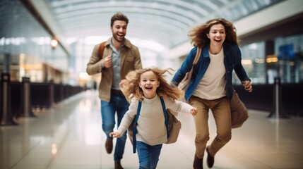 Happy family traveler go to airport gate, family with travel bag excited for traveler trip - Powered by Adobe