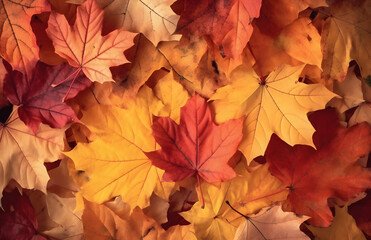 Autumn background of yellow and red maple leaves on the ground