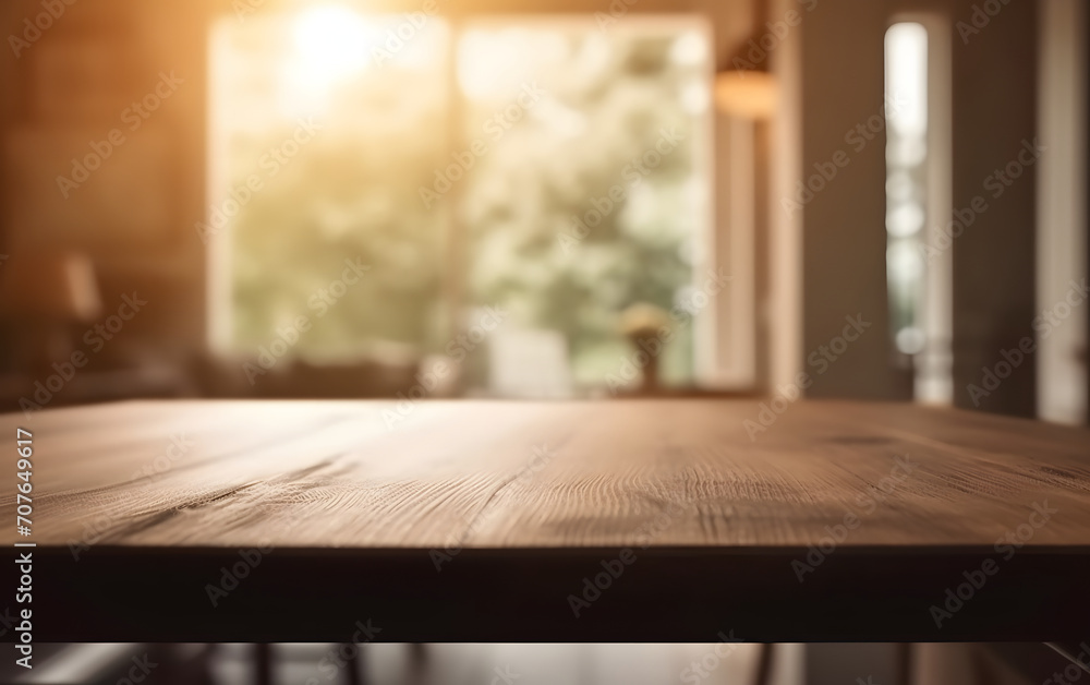 Poster empty wooden table in front of blurred and abstract window background