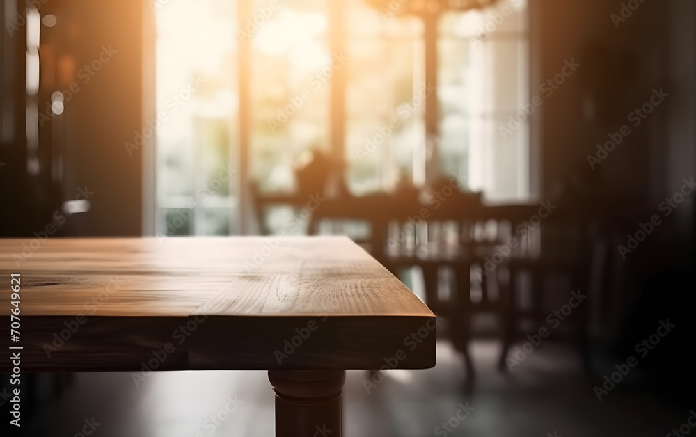 Aufkleber Empty wooden table in front of blurred and abstract window background