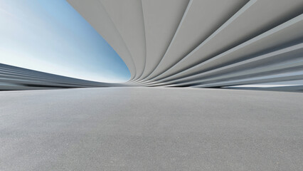 3d render of abstract wavy futuristic architecture with concrete floor..