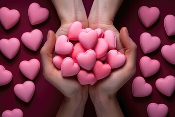 Close-up of a girl holding many pink hearts in her hands. View from above. Greeting card for the...