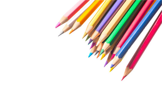 Color pencils on white background with copyspace. Color pencils for school or professional use. picture for school background There is space for content.