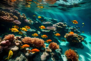 An underwater world alive with vibrant corals and schools of tropical fish, illuminated by rays of sunlight filtering through the crystal-clear ocean.
