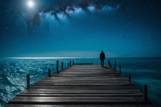 A wooden jetty extending into the azure ocean, with a lone figure at the end, admiring the endless expanse of the sea under a star-studded sky.