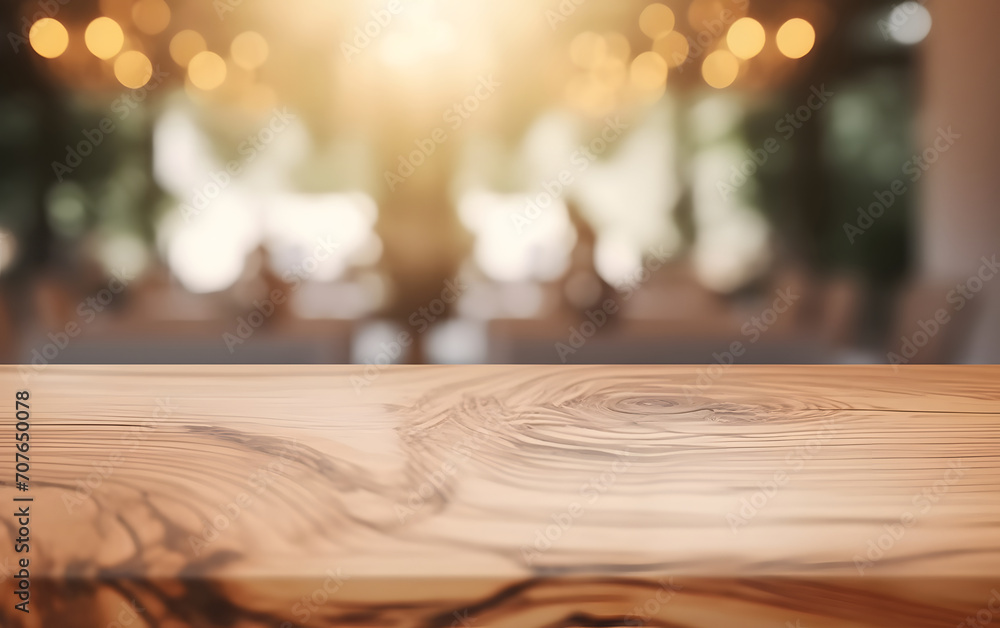 Aufkleber Empty wooden table in front of blurred and abstract window background