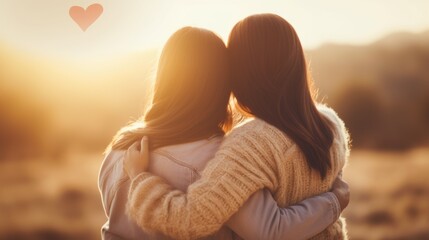 Two women hugging each other with love and care on the blurred field background, back view angle - Powered by Adobe