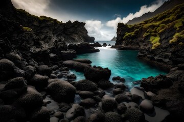 A secluded cove with crystal-clear waters lapping against volcanic black sand beaches, framed by rugged cliffs.