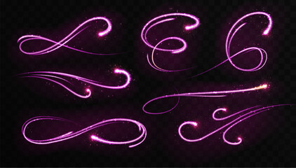 Set of Magic violet glowing shiny trail isolated on black transparent background. Vector illustration