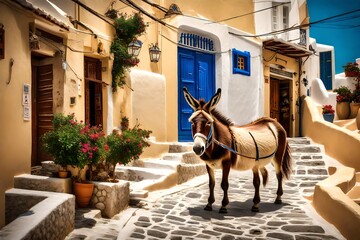 A traditional Greek donkey making its way through the cobblestone streets of Fira, adding a touch of charm to the picturesque setting. - obrazy, fototapety, plakaty