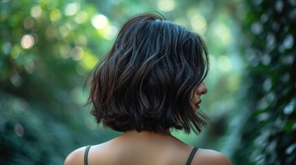 Outside, rear view of a woman wearing a layered black lob haircut. Generative Ai.