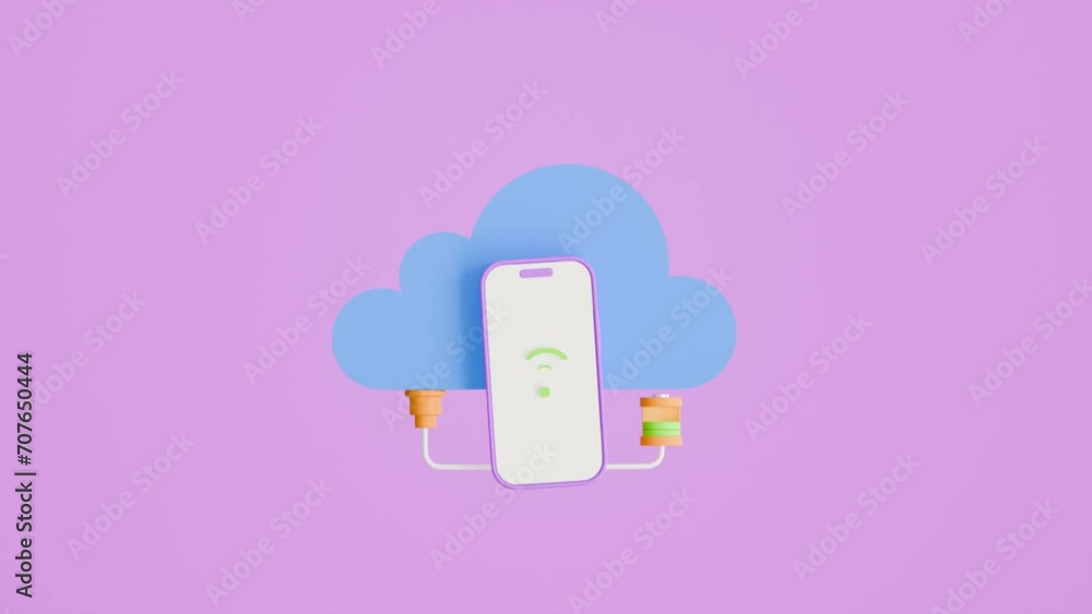 Poster 3d video animation. smart cloud server floating in the air as data transfer takes place