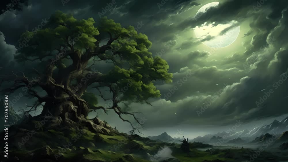 Poster an ancient tree stands watch its branches twisting eerily in the uncertain winds of the night.