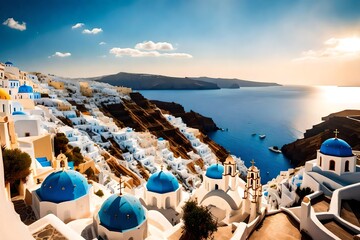 A dramatic vista of the sun dipping below the horizon, casting a golden trail across the Aegean Sea, framed by the iconic blue-domed churches and terraced cliffs of Santorini.
