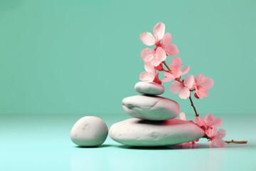 Abstract spa still life scene - stack of balanced zen stones, gray and white pebbles pyramid with pink cherry flowers isolated on mint blue background with copy space. Wellness, Spa treatment concept