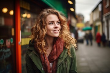 Portrait of a beautiful young woman in a city street, looking at camera.