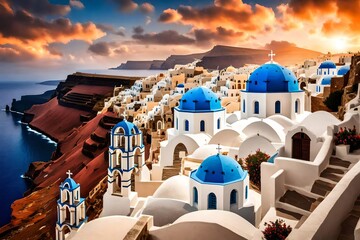A panoramic shot of the iconic blue-domed churches of Santorini set against the backdrop of a fiery...