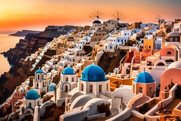 A serene sunset over the caldera cliffs of Santorini, with the pastel-colored buildings glowing against the fading light. The sea reflects the warm hues of the sky. - obrazy, fototapety, plakaty