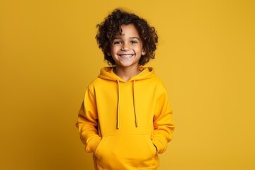 Obraz na płótnie Canvas Portrait of a smiling african american little girl in yellow hoodie standing over yellow background
