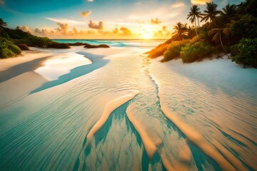 Crystal-clear turquoise waters gently lapping against a pristine white sandy beach, framed by lush greenery under a golden sunset. - obrazy, fototapety, plakaty