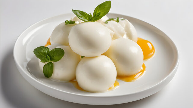 mozzarella cheese in white plate on isolated white background
