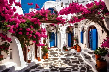 A quaint courtyard hidden in the labyrinthine streets of Santorini, adorned with vibrant bougainvillea and traditional Greek architecture.