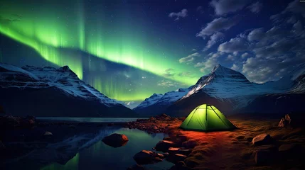 Fotobehang Solitary tent in vast wilderness, under aurora's sway—nature's canvas alights, whispers solitude and celestial joy © Ayu Triyuniarti