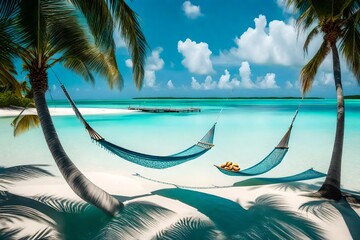 Fototapeta premium An idyllic scene of a hammock swaying between two palm trees on a secluded sandbar, surrounded by the endless expanse of the aquamarine ocean.