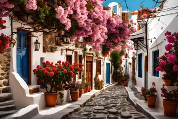 A quiet morning in the village of Megalochori, with its charming cobblestone streets lined with traditional houses and blooming flowers.