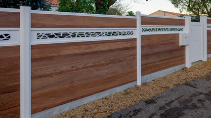 Wooden fence and steel door fencing facade modern new entrance pedestrian home aluminium access of...