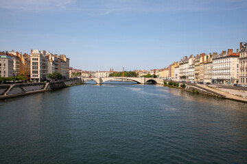 Fototapeta na wymiar lyon city panoramic View of Saone river and Bonaparte Bridge