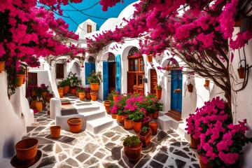 Fototapeta na wymiar A quaint courtyard hidden in the labyrinthine streets of Santorini, adorned with vibrant bougainvillea and traditional Greek architecture.
