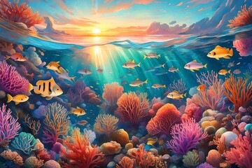 A vibrant coral reef teeming with colorful marine life, set against the backdrop of a mesmerizing sunrise painting the sky in pastel hues.