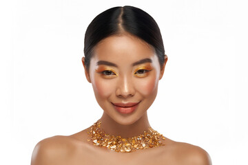 Artistic Close-Up Portrait of a Woman with Golden Flake Makeup