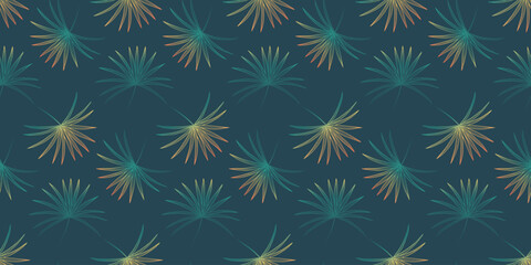 Summer vector tropical seamless pattern with palm leaves on a dark turquoise background.