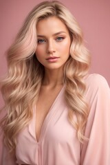 Fototapeta premium A blonde girl wears a pink dress and looks elegant.generative AI
