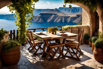 A charming vine-covered terrace with a rustic wooden table set against the backdrop of the caldera's breathtaking views.