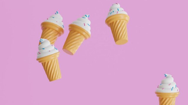 Ice Cream Cartoon Drifting on an Animated Pink Screen Background. 3D Video Animation.