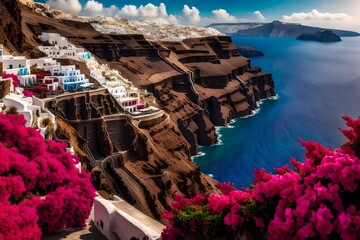 A panoramic view of the volcanic coastline of Santorini, featuring dramatic cliffs adorned with vibrant bougainvillea flowers cascading down towards the crystal-clear waters below. - obrazy, fototapety, plakaty