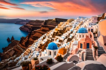 A serene sunrise over the cliffs of Santorini, painting the sky in soft pastel shades and casting a...