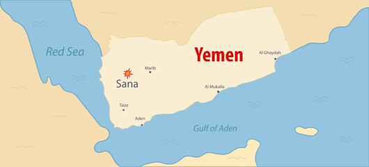 Yemen map with main cities Sana under the attack and Red sea. strikes Houthis in Yemen illustration. Colored map of Yemen area with other land - obrazy, fototapety, plakaty