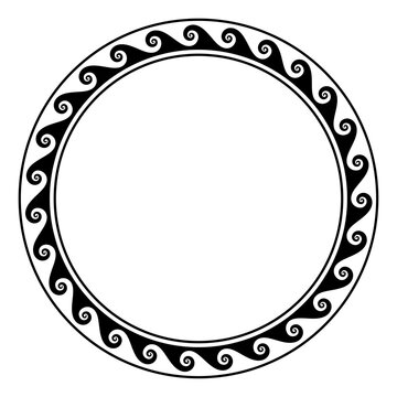 Sea wave pattern, circle frame with seamless meander design. Also known as running dog, scroll or Vitruvian wave pattern. Repeated motif with connected spirals, moving around a circle. Illustration.