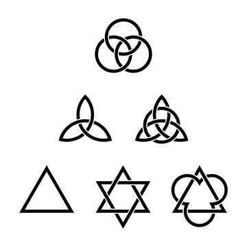 Six Trinity symbols. Ancient Christian symbols, formed by interlaced triangles, Celtic triquetras, and circles, representing the union of the persons Father, the Son Jesus Christ and the Holy Spirit.