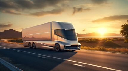 Fototapeta na wymiar Futuristic electric semi-trailer carrying commercial goods in a van semi-trailer, driving for delivery on a winding road at sunset.