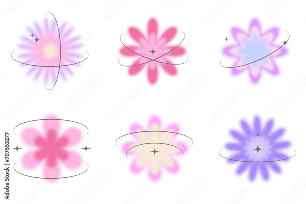 Poster y2k blurred flower. gradient aesthetic stickers with soft glow effect and aura with stars on orbits.