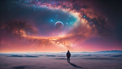 In a mesmerizingly ethereal composition, a digitalized unearthly galactic nomad wanders through the vast expanse of a surreal cosmic landscape.