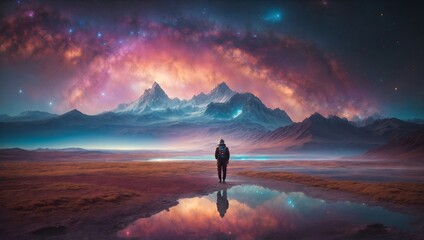 In a mesmerizingly ethereal composition, a digitalized unearthly galactic nomad wanders through the vast expanse of a surreal cosmic landscape.
